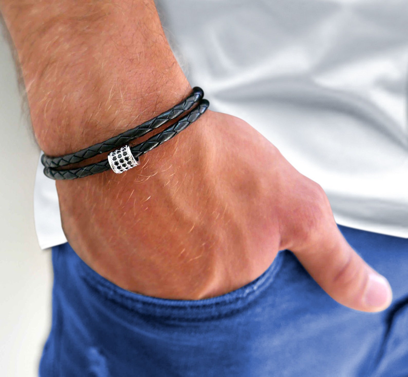 Men's Leather Bracelet Men's Beaded Bracelet Etsy