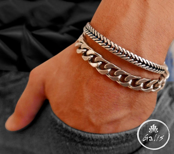 Men's Thick Chain Bracelet Set Men's Silver Cuff Etsy