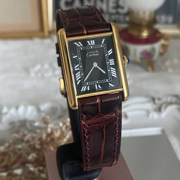 Cartier Tank Black Roman Dial Manual Wind Watch with Box