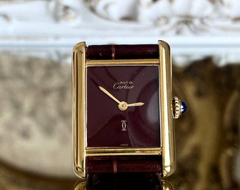 Cartier Tank Manual Wind Burgundy Wrist Watch with Box