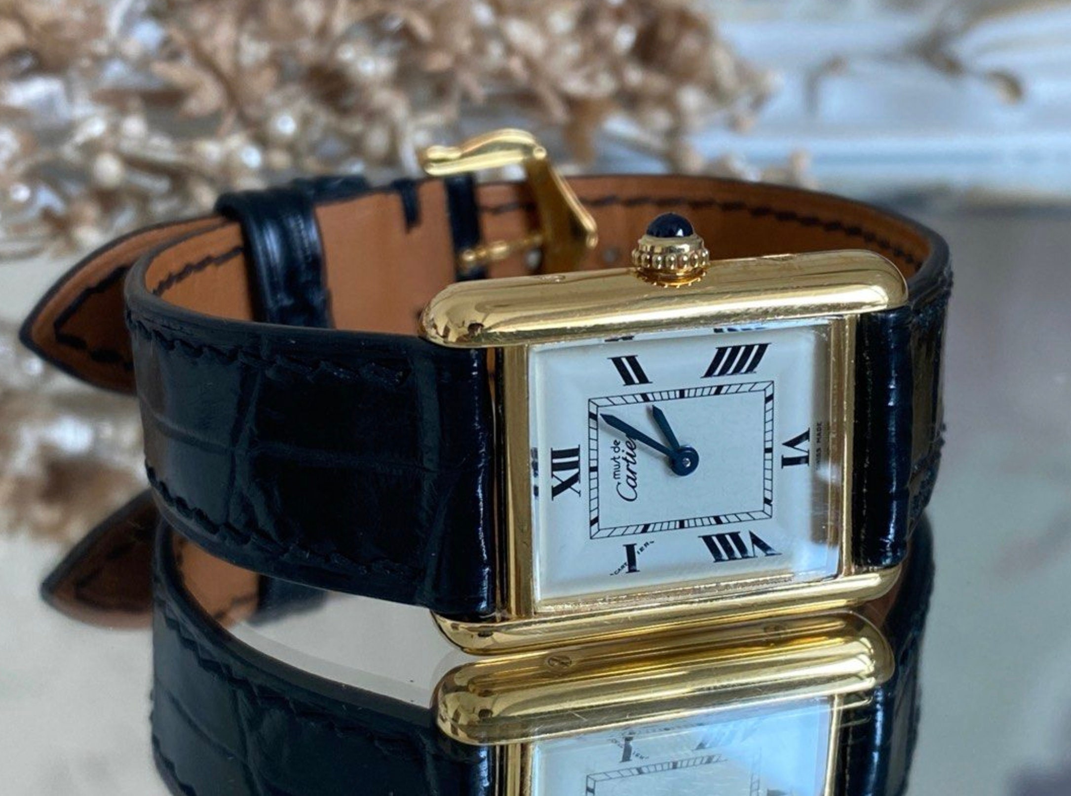Cartier Tank 80s Quartz Tri Tone White Roman Dial 18K Gold Electroplated  Watch
