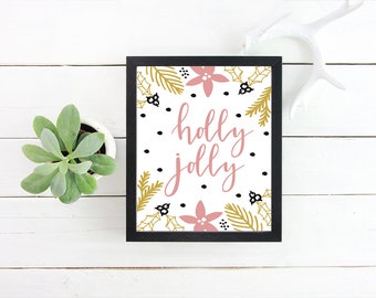 Holly Jolly Wall Art Print, Art de vacances, Téléchargement numérique, Décoration d'intérieur, Décor de vacances, Carte de Noël, Carte de vacances
