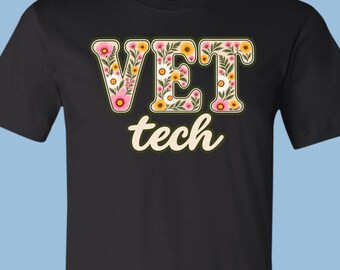 Vet Tech Floral Wildflower Letters T-Shirt, Retro Floral Script Tee, APA011