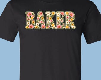 Baker Floral Wildflower Letters T-Shirt, Retro Boho Floral Tee, APA011