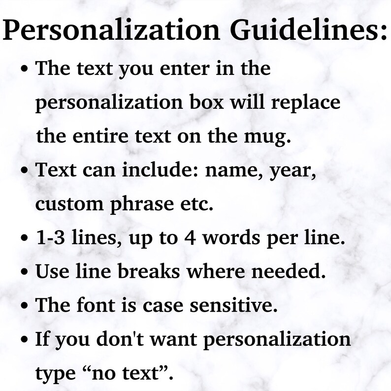 guidelines for personalizing a mug, including instructions on how to format the text, use line breaks, and choose a font.