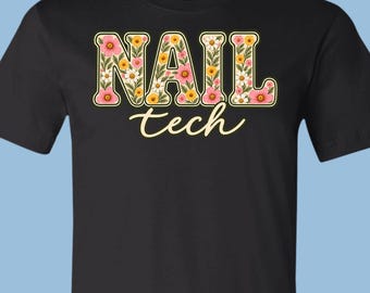 Nail Tech Floral Wildflower Letters T-Shirt, Retro Floral Script Tee, APA011