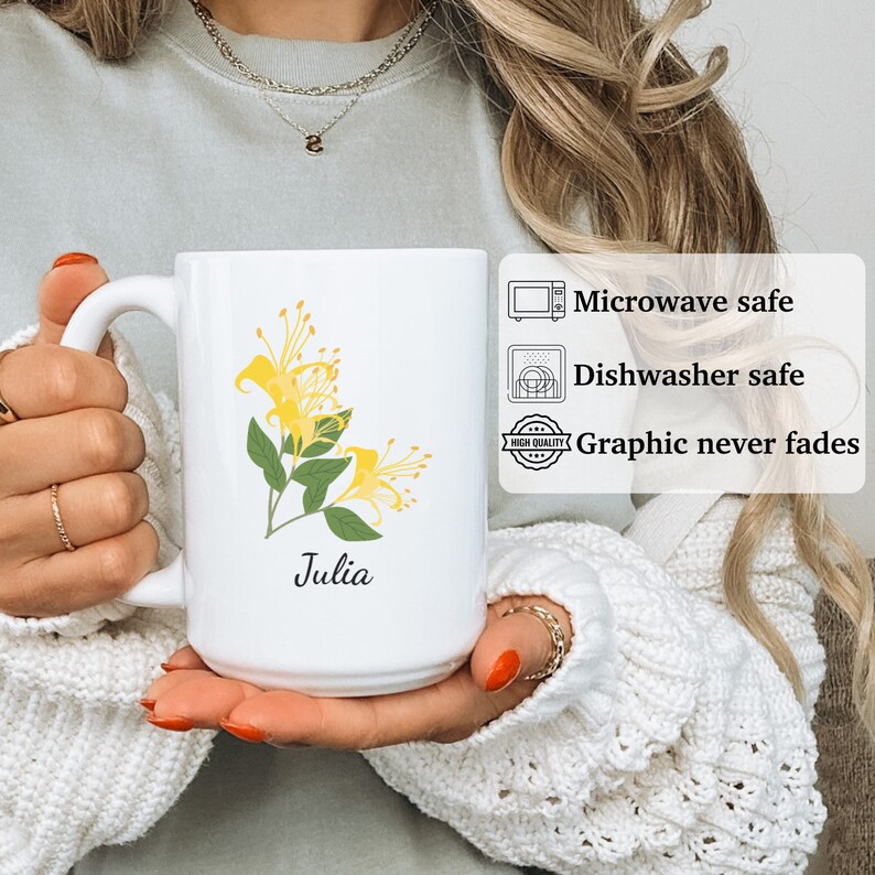 June Personalized Birth Flower Mug Honeysuckle Name Mug, Honeysuckle Birth Flower Cup
