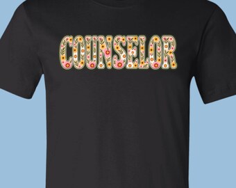 School Counselor Floral Wildflower Letters T-Shirt, Retro Boho Floral Tee, APA011