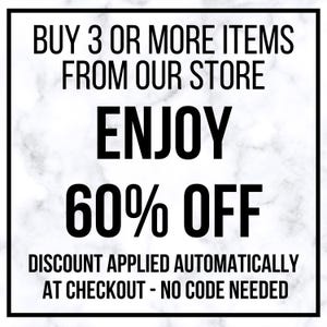 The image is a promotional sign for a store offering a 60% discount on items purchased at checkout. The sign encourages customers to buy 3 or more items from the store to enjoy the discount.