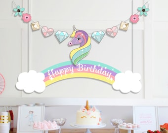 INSTANT DOWNLOAD - Printable Unicorn and Rainbow Garland | Unicorn and Rainbow Banner | Happy Birthday Banner