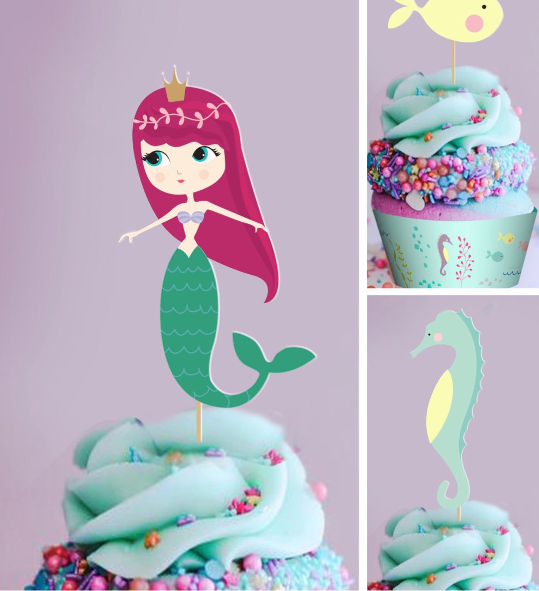 INSTANT DOWNLOAD Mermaid Cupcake Topper Mermaid Cupcake Wrapper Mermaid