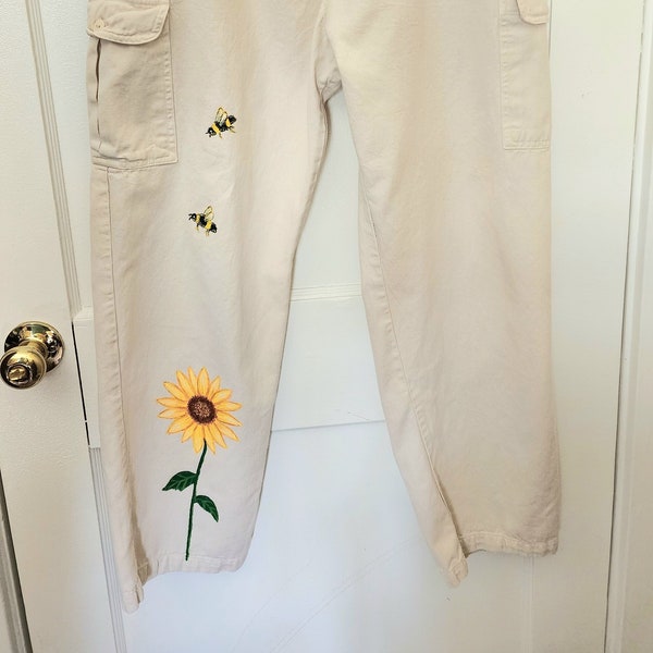 Cargo Upcycled Pants, Hand Painted, EZ Gear,  Sunflower and 3 Bees, Side Pockets, 2 Hand Pockets, Elastic Draw String Waist, M- L