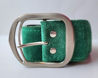 Vintage, Green Suede Belt, with a Metal Buckle, Made in Italy, 37 "