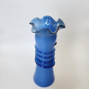 Blue Glass Vase with a Ruffled Rim, Spiraled Rib Body, Decorative Art Glass, 8&quot;