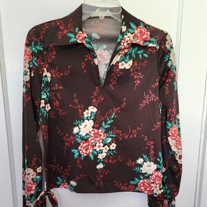Vintage Floral Blouse by eccobay, Brown, Red, White, Green, Long Sleeve, Side Decorative Tie. Made in USA. Small size, see measurements.