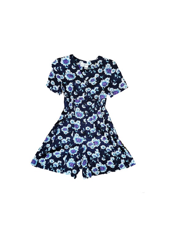 90's 2000's Skort Dress, Romper, Floral, Navy Blu… - image 1