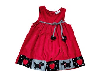 Vintage Girls Red Corduroy Jumper Dress, Little Dog Scottish Terrier Appliqué, Size 5