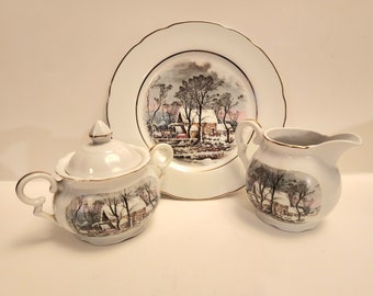 Avon, 1977 Currier and Ives Plate, Creamer and Sugar Bowl, Winter Cottage Image with Gold Trim