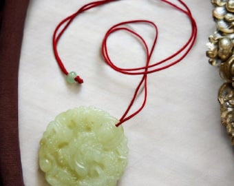 Carved Jade Pendant, Necklace, Light Green with Red Cord, Vintage.