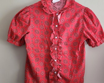 Vintage Bandana Red Shirt, Blouse with Ruffles by Kim Stacy, Button Down, Red. Black , White, Short Sleeve, 1970s, 1980s , M, Made in USA
