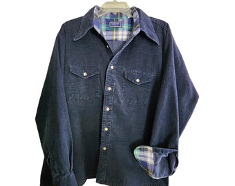 Corduroy Button Down Blue Shirt, Chest Pockets, Flannel Accents, by Cordova, Made in USA, vtg, XL