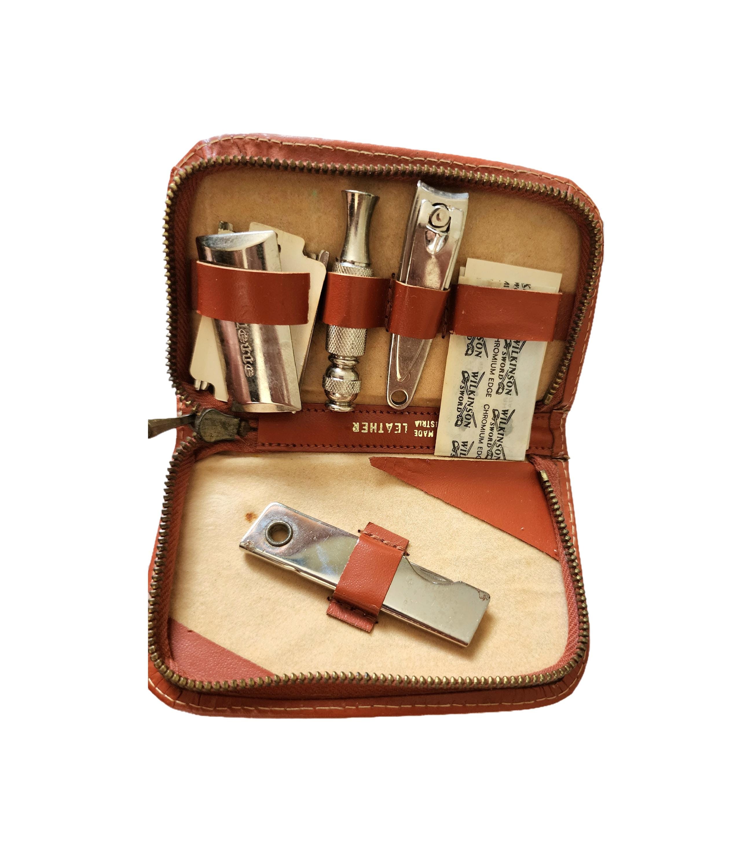 Vintage Mini Shaving Kit, Leather Case, Gillette Shaver & Accessories. 4.25" x 2.5 "
