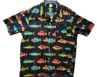 Johnny Leverock Scorpio, Fish Hawaiian Shirt,  Button Down, Colorful, M, Vintage, Made in USA