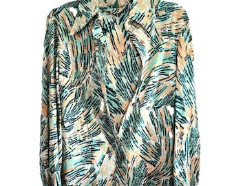 May include: A long-sleeved button-up shirt with a colorful abstract print in shades of green, orange, and black.