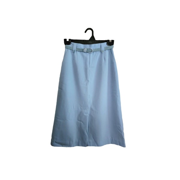 70's Skirt, Light Blue, by Panther, Front Pockets, Zipper Back, Kick Pleats, Belt, S