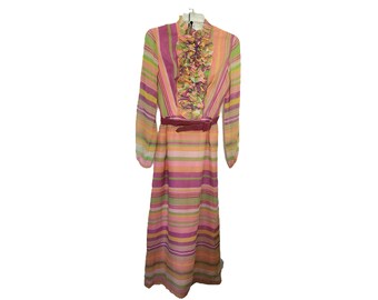 1960&#39;s  Fun Retro Party Dress, Long Sleeve, Ruffle Front, Striped, in Pastel Colors of, Pink, Orange, Green, Yellow, Purple.