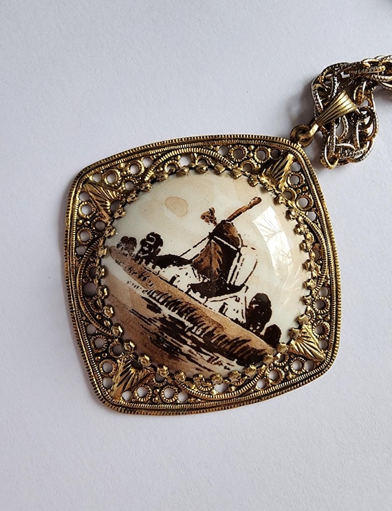 Vintage Necklace, Pendant, Windmill - Holland, Gold Tone Filigree Frame.
