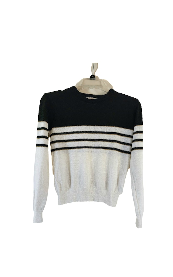 70's  Knit Sweater, Black, White and Gold Stripe, 