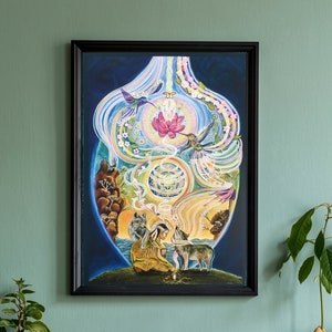 May include: A framed artwork with a black frame, featuring a colorful, abstract design. The artwork depicts a central lotus flower, hummingbirds, and various other elements within a vase-like shape. The artwork is displayed on a teal wall above a teal shelf with plants.