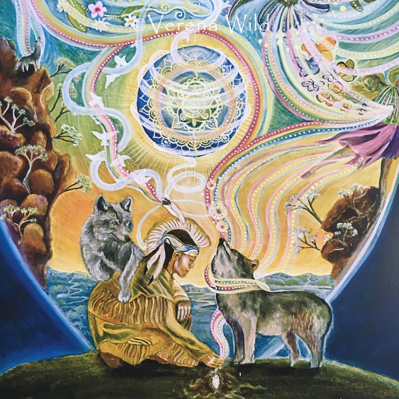 May include: A vibrant painting depicts a Native American figure with two wolves, set against a backdrop of swirling colors and celestial elements. The artwork features a detailed depiction of nature, with a dreamlike quality.
