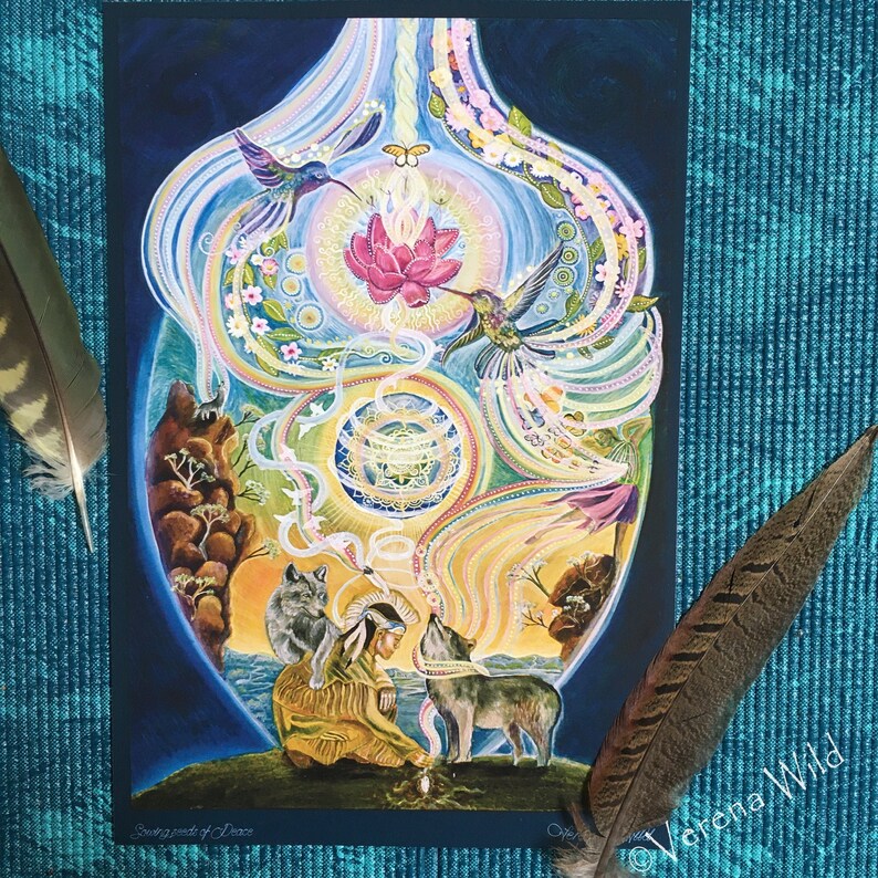May include: An artistic print with a central, vase-like design featuring hummingbirds, a lotus flower, and wolves. The artwork incorporates vibrant colors and intricate details, with the text "Sowing seeds of Peace" at the bottom. The artist's signature is visible.