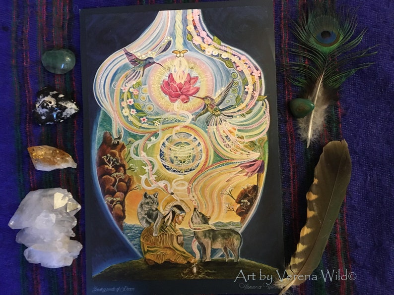 May include: A colorful, spiritual art print featuring a central vase-like shape with hummingbirds, a lotus flower, and a Native American figure with wolves. The artwork is surrounded by crystals and feathers, with the artist's signature at the bottom.