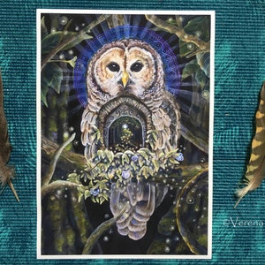 May include: A watercolor painting of an owl with a glowing blue halo, perched on a branch in a dark forest. The owl is looking directly at the viewer, and its eyes are bright and alert. A small, glowing doorway is visible in the owl's chest, leading into a dark, mysterious forest.