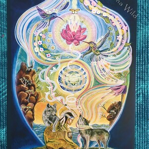 May include: A vibrant, spiritual art print titled "Sowing Seeds of Peace" by Verena Wild. The artwork features a central lotus flower, hummingbirds, wolves, and a Native American figure, all within a stylized, colorful design. The print has a dark blue border.
