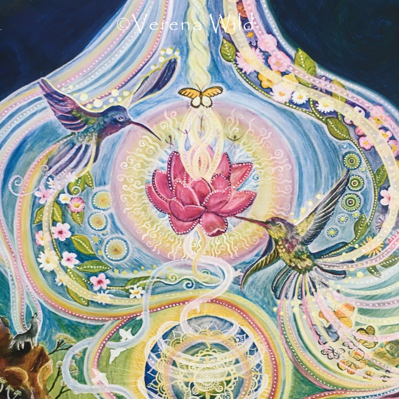 May include: A vibrant painting featuring two hummingbirds approaching a central lotus flower. The artwork is filled with pastel colors, including pink, blue, and yellow, with floral and geometric patterns. A butterfly hovers above the lotus.