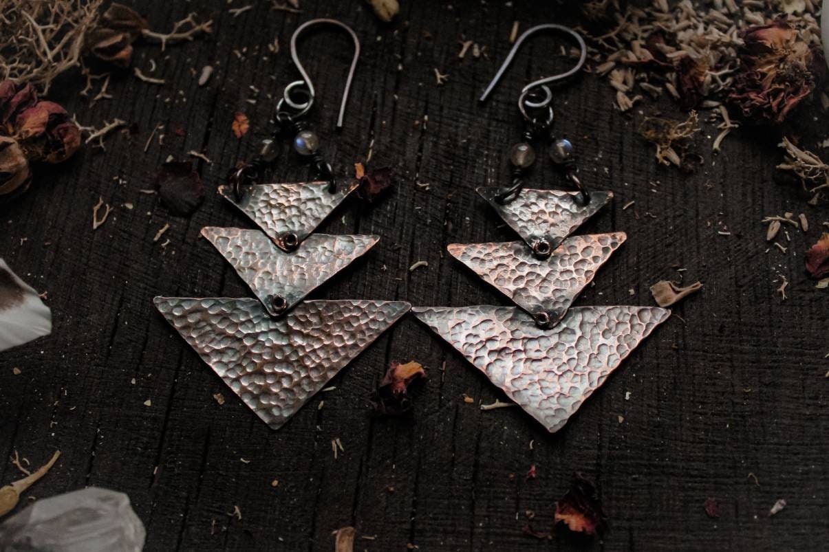 Copper earrings triangle earring hammered copper jewelry dangle earrings rustic boho earrings earweights brass jewelry rustic jewelry hippie