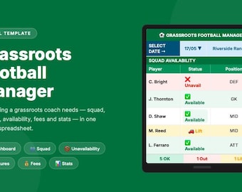 Grassroots Football Manager Excel Spreadsheet | Squad, Fixtures, Fees Tracker (Digital Download)