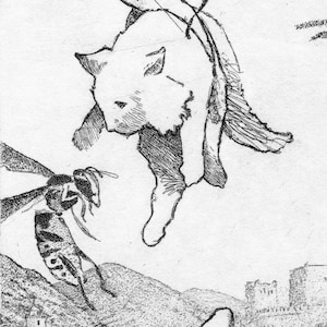 Może przedstawiać: Czarno-biała ilustracja białego kota zawieszonego w powietrzu, patrzącego w dół na dużą osę. Osa jest w locie, ze skrzydłami rozłożonymi. Tło przedstawia krajobraz z górami i budynkiem.