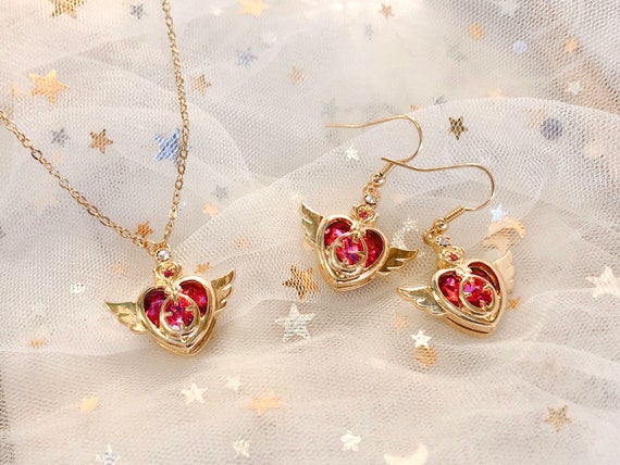 Heart locket with wings sailormoon earrings cute anime | Etsy