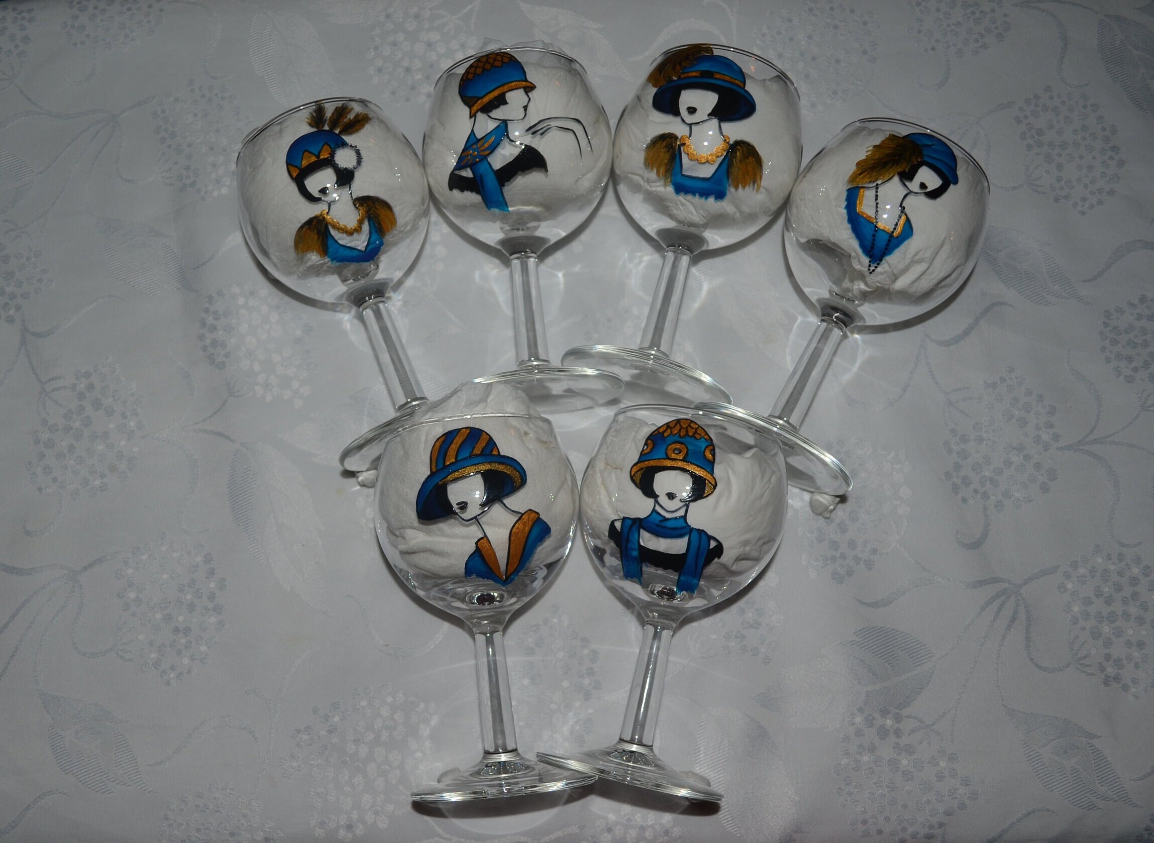 6 Verres Ballons Peints Femmes Parisiennes Bleu et Or Etsy, Verres Art Déco, Verres Années 20, Verre