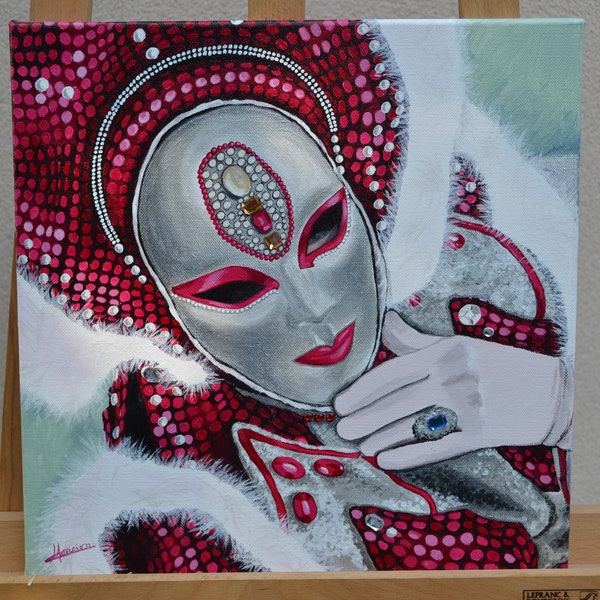 tableau acrylique carnaval Venise Etsy,peinture masque Venise rose argent,masque vénitien,costume carnaval,Tableau Venise,peinture Italie,