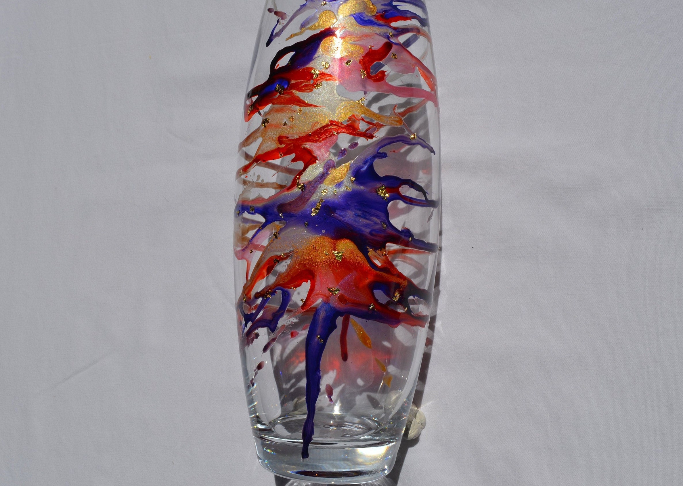 Vase Verre Peint Multicolore Etsy, Vase Contemporain Rouge Bleu Or, Grand Vase Or, Vase Couleurs Fon