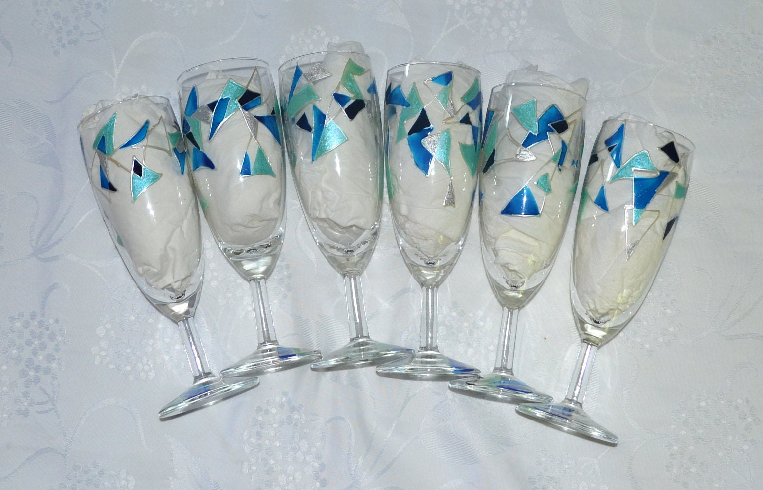 6 Flûtes à Champagne Françaises Peintes Graphique Bleu Etsy, Flûtes Contemporain Argent, Flûtes Bleu