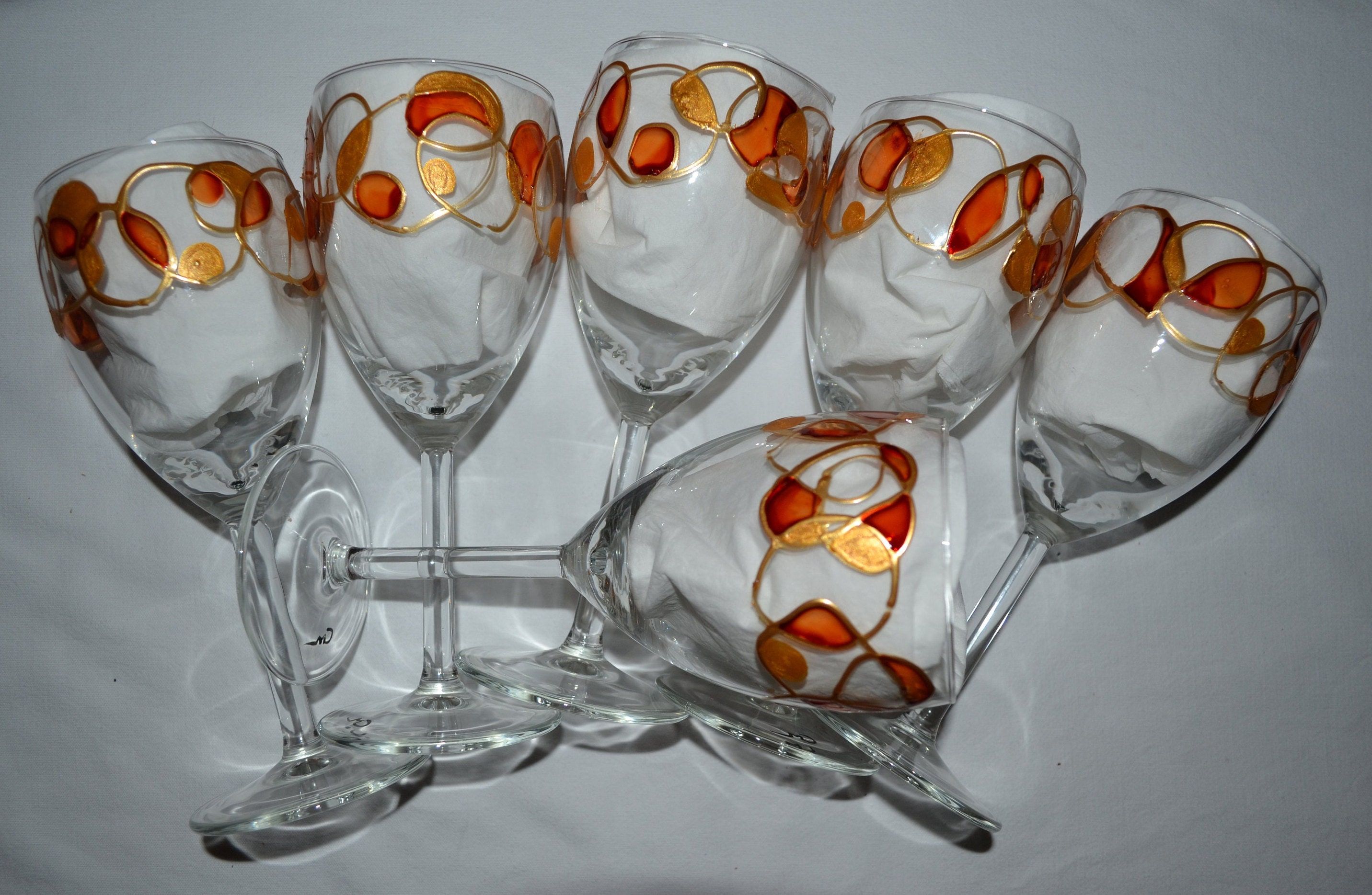 6 Verres à Vin Français Peints Motifs Ronds Orange et Or Etsy, Verres Contemporain Or, Verres Vitrai