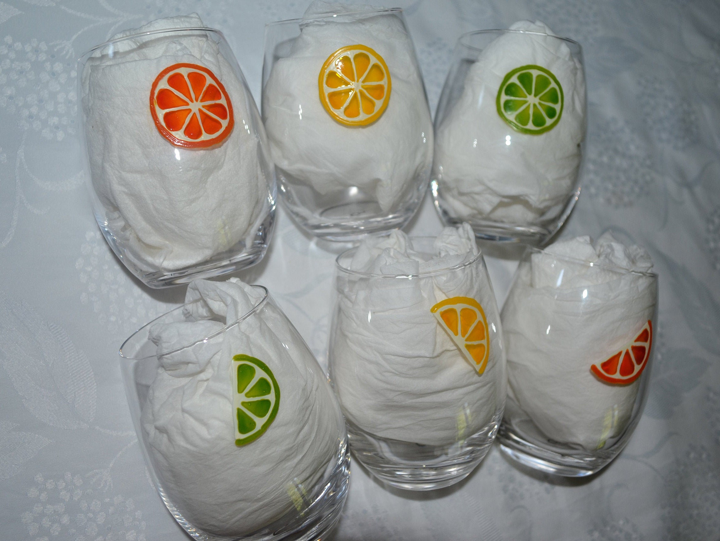 6 Verres Français Ronds Personnalisables Peints Tranches Citron Orange Vert, Verres Cocktail Agrumes