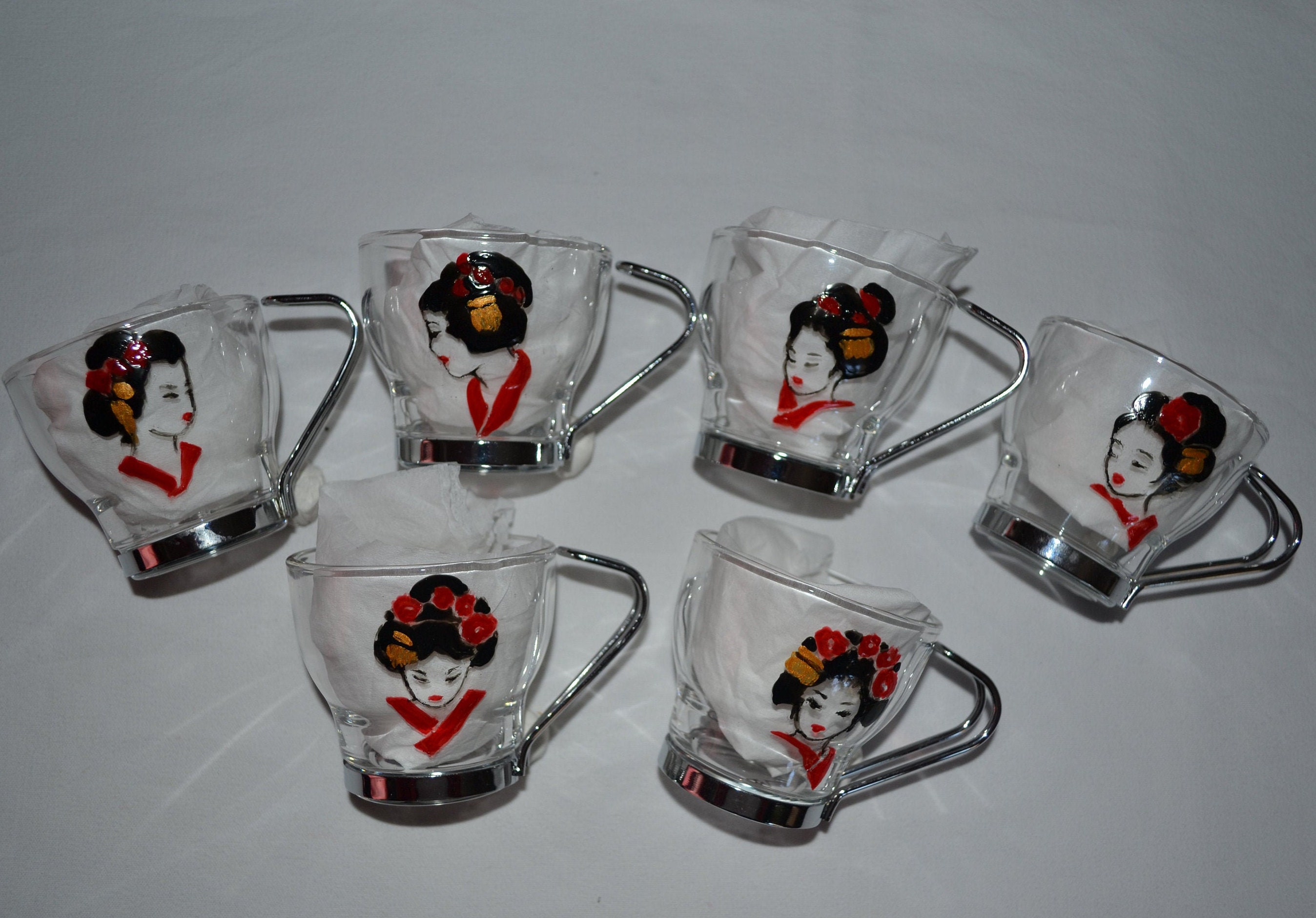 6 Tasses à Café Expresso en Verre Peintes Geishas Rouge Or Etsy, Tasse Femme Japonaise, Verres Saké 